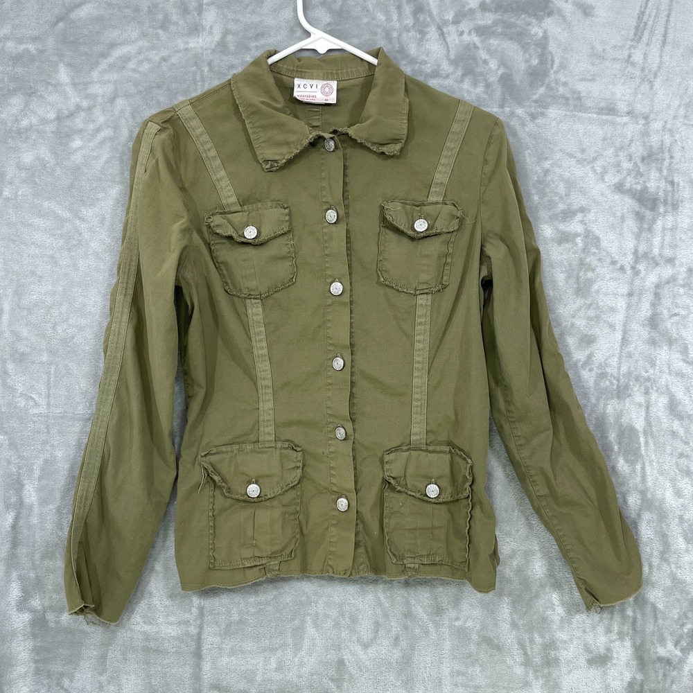 XCVI Wearables Size M Olive Utility Cotton Jacket  Army Green Snap Front Y2K USA